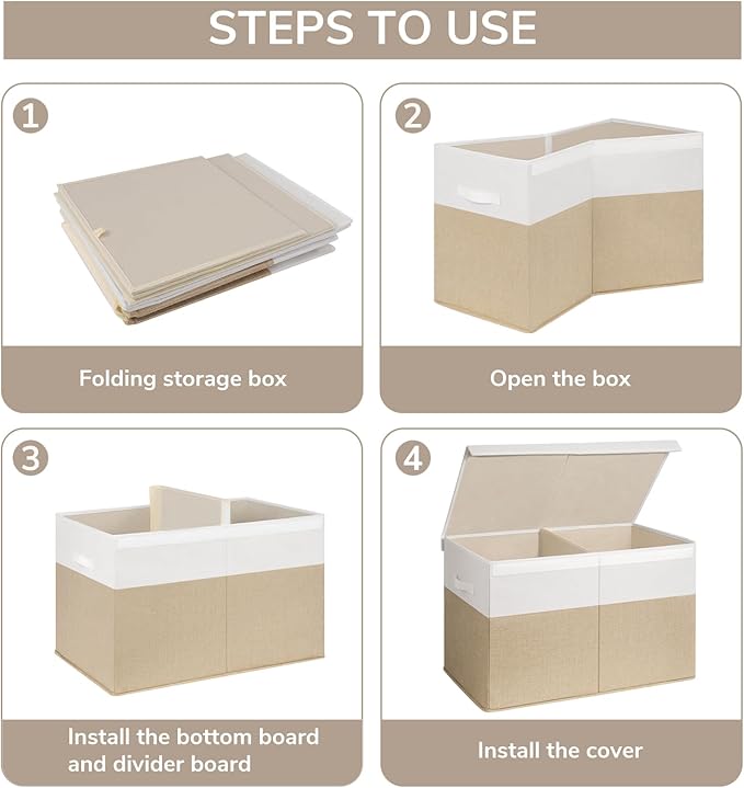 INDRESSME Large Toy Box with Lid, Collapsible Toy Storage Organizer Chest with Divider, Foldable Toy Bin for Kids Boys Girls Playroom Nursery Bedroom Living Room 25"x16"x13" (Beige & White)
