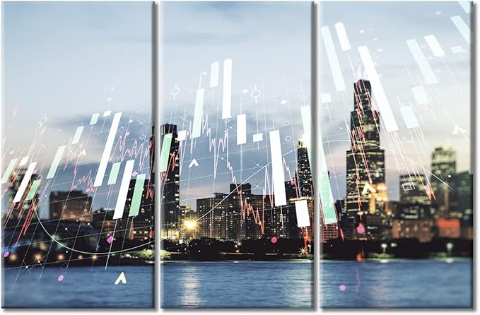 TUMOVO 3 Piece Chicago Skyline Background Forex and Investment Concept Pictures Wall Decor for Bedroom Business and Financial Concept House Decor Stretched and Framed Ready to Hang (42" Wx28 H)