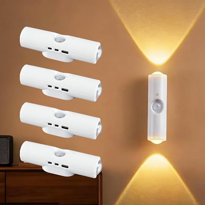Rechargeable Smart LED Motion Sensor Ambient Light, Punch-Free Color Changing Motion Sensor Light for Stairs, Wardrobe, Cabinet (4Pcs,White, 3 Colors)