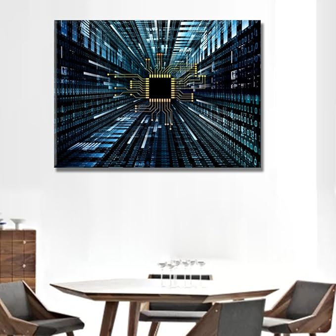 CPU Concept Wall Decorations for Living Room Canvas Wall Art Digital Circuit and Number Graphics House Decor Digital Age Modern Office Wall Painting Framed Wall Art for Home Bedroom 20X28 INCH