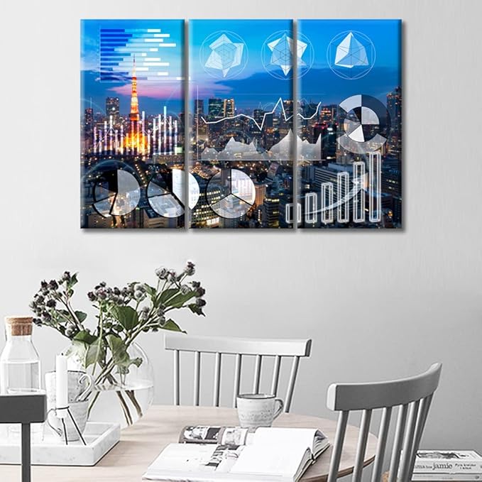TUMOVO Wall Decor Currency Business Posters and Prints 3 Piece Cityscape at Night Background Market Charts Paintings Art Prints Wall Decor Living Room Framed Ready to Hang (36" Wx24 H)