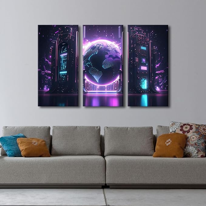 AI Concept Painting for Living Room Decoration, 3 Panels Future Energy Power Technology and Internet Connection Poster Prints on Canvas Wall Art for Living Room Decoration, 36" Wx24 H