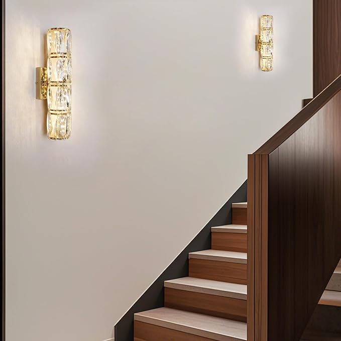 Gold Crystal Wall Sconces, Modern LED Crystal Wall Light Fixtures with Remote, Luxury Vanity Wall Lamp Indoor for Bedroom Living Room Hallway Stairway Bedside, 3000K-6000K Dimmable