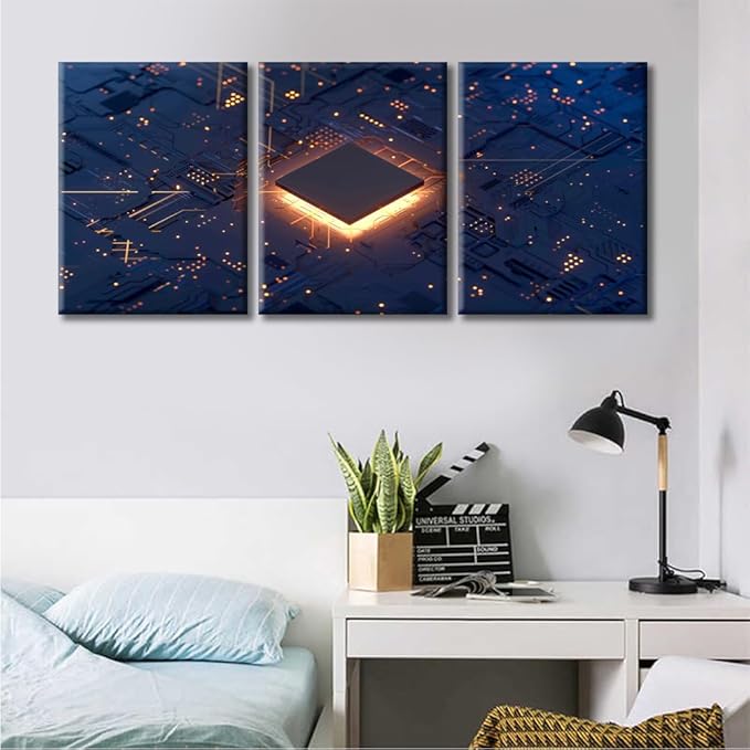 Circuit Board Canvas Paintings Wall Art 3 Pieces CPU Concept Posters and Prints Bedroom Decor Wall Art Computer Processors CPU Giclee Wooden Framed Gallery-Wrapped Ready to Hang (36" Wx16 H)