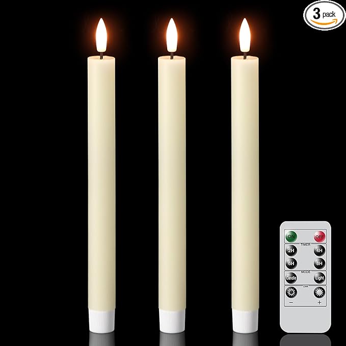 GenSwin Flameless Taper Candles with Remote Timer, Real Wax LED Taper Candles Battery Operated with 3D Flame, 3Pcs Flickering Flamless Candlesticks for Halloween Christmas Decor(Ivory, 0.78” x 9.8”)