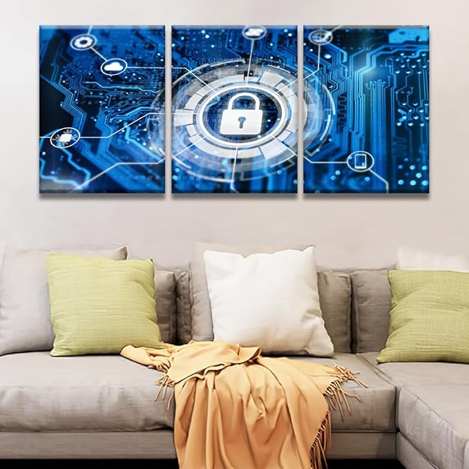 Modern Wall Art 3 Panel Cybersecurity and Secure Nerwork Internet Technology Pictures Print on Canvas for Living Room Wall Decoration, Framed Wall Art, 12x16inchx3