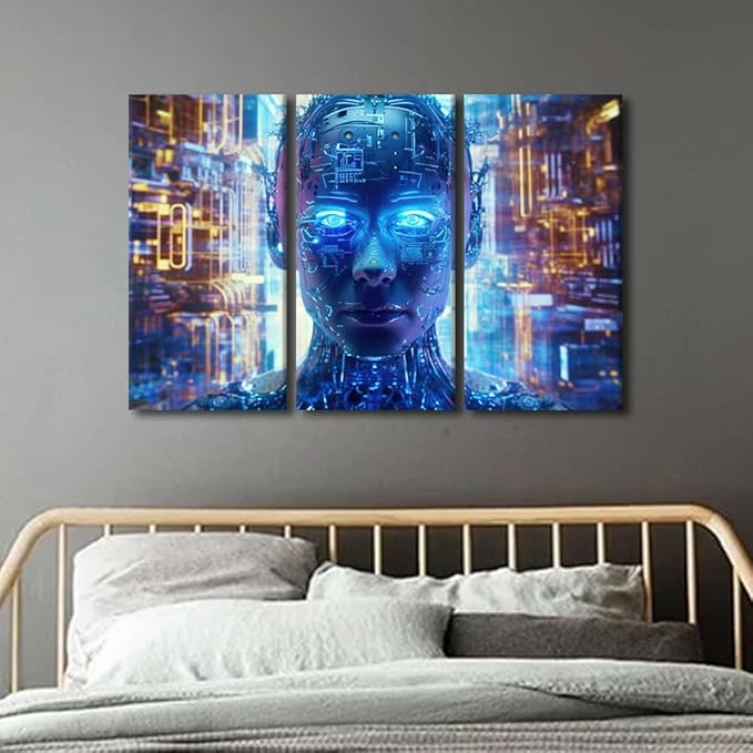 TUMOVO Artificial Intelligence Wall Art 3 Panel AI Art for Business and Technology Pictures Print on Canvas Wall Decor for Living Room Bedroom, Stretched Framed Ready to Hang, 42" Wx28 H