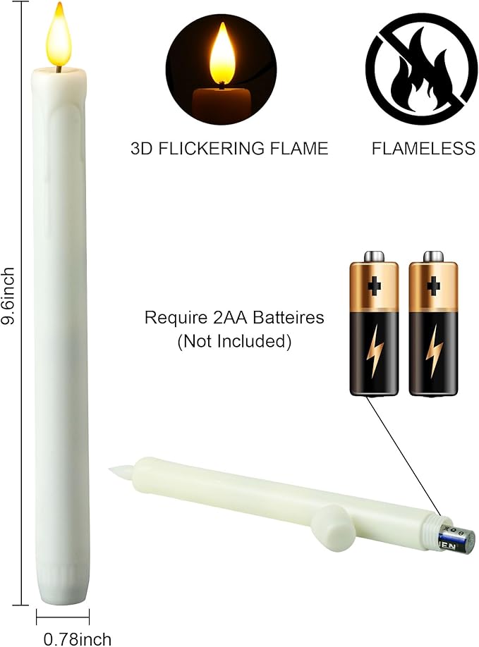 Homemory 2 Pack Flameless Taper Candles, No Remote, Realistic Flickering Battery Operated Candlesticks, White LED Plastic Candle Safe for Weddings, Table Decor, Christmas, and Halloween
