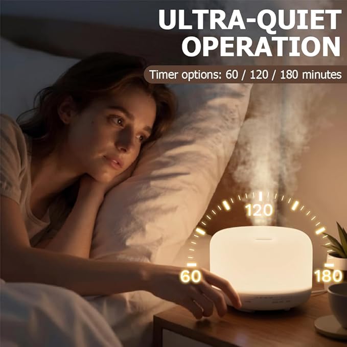 500ml Premium Essential Oil Diffuser,Quiet 4-in-1 Ultrasonic Aromatherapy Humidifier,7 Color LED Lights,with Adjustable Automatic Timer Off Function and Spray Mode. (White Woodgrain,Mini Model)