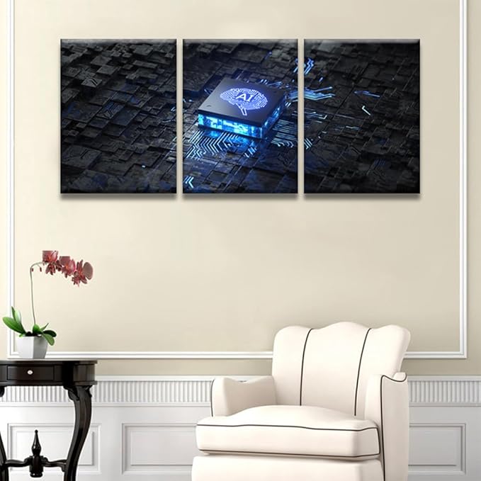 LSIUHWUWI Wall Art for Living Room Printed AI Artificial Intelligence Concept Pictures Print on Canvas, 3 Piece Modern Canvas Wall Decoration Artwork Giclee Framed Ready to Hang, 12x16inchx3