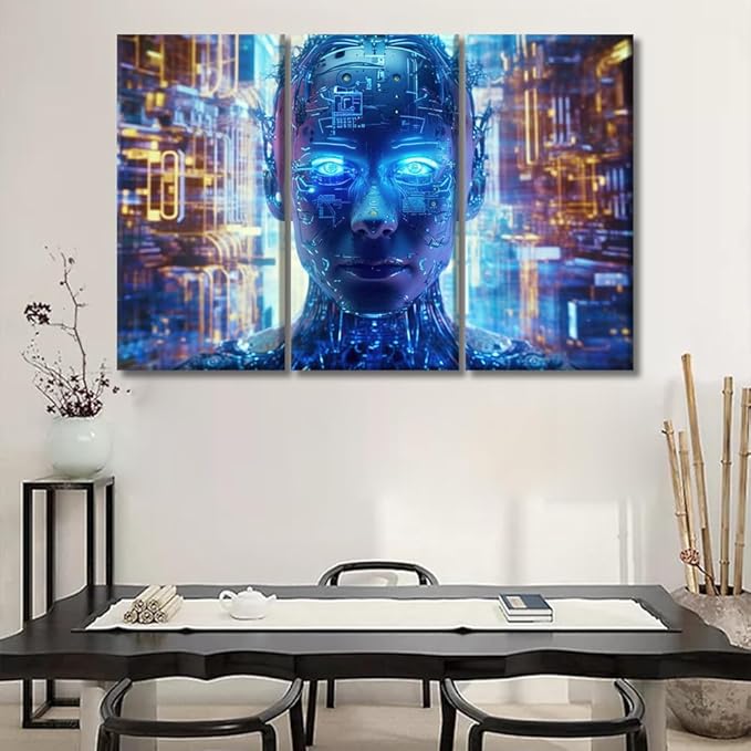 3 Panels Framed Wall Art Cloud Networking, Crypto, AI, Firewall Network Security Picture Prints on Canvas Artwork for Office Decor Ready to Hang, 20x40inchx3