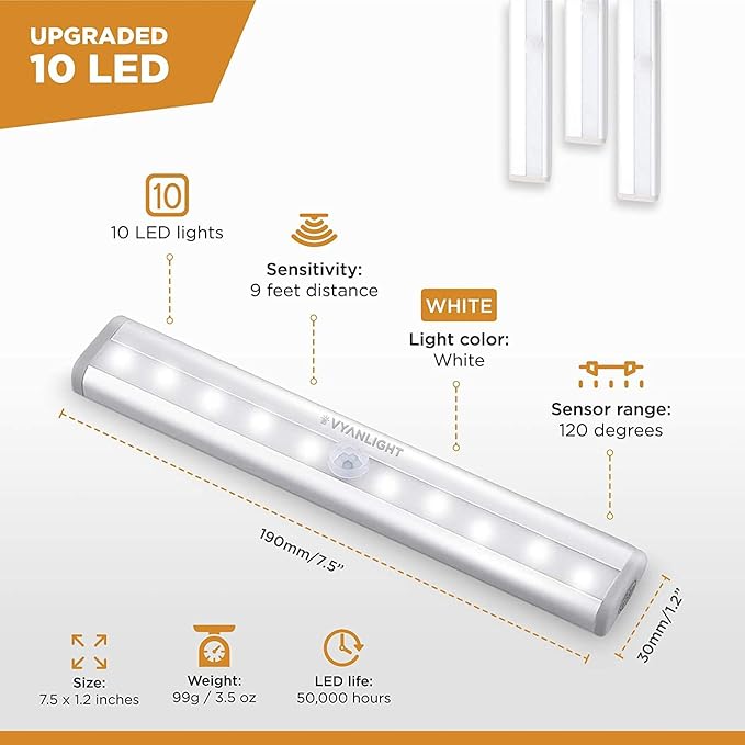 Lock Connection™ - LED Motion Activated Cabinet Light. Stick-on Anywhere/Battery Operated 10 LED Motion Sensor (Blue Qty 1 pc)
