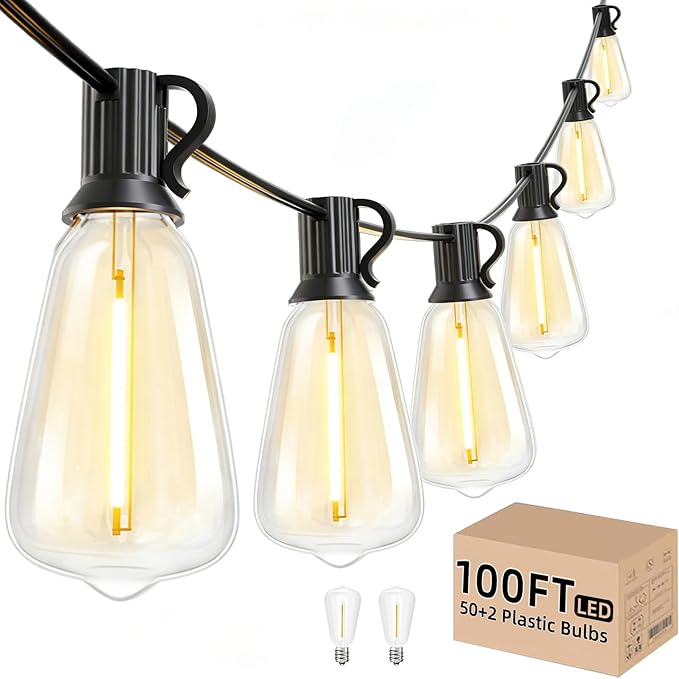 Svater Outdoor String Lights 100 FT ST38 Patio String Lights with 52 Waterproof Shatterproof LED Bulbs(2 Spare) Connectable Lights for Outside Backyard Garden Porch