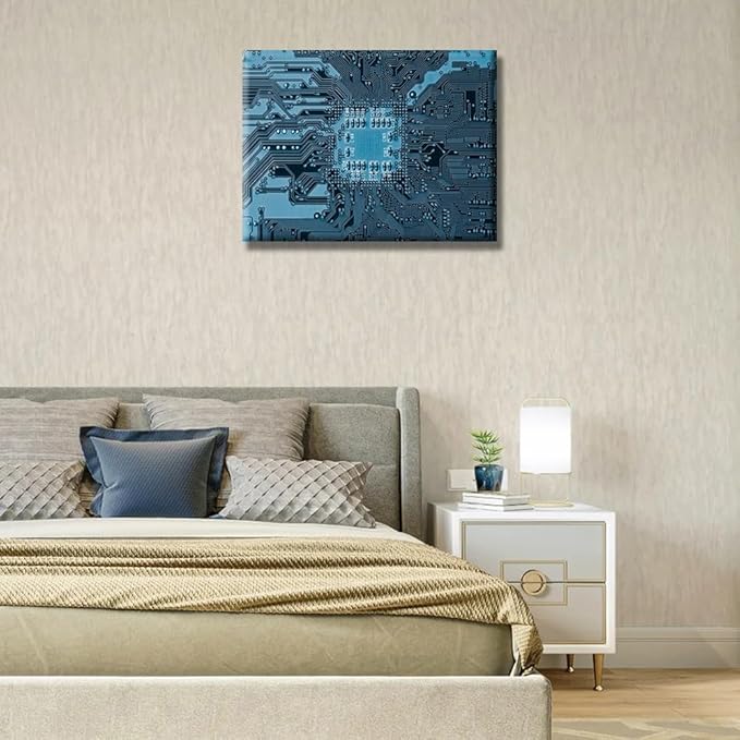 Digital Age Wall Art for Living Room CPU Concept Wall Painting Electronic Board Canvas Wall Art Technology Contemporary Home Decor 1 Panels Blue Electronic Circuit Inside Picture Framed 12X16 INCH