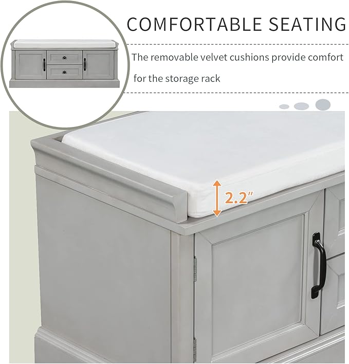 Knocbel 42.5" Entry Storage Bench with Removable Cushion, 2 Drawers and 2 Cabinets, Entryway Hallway Foyer Shoe Bench End of Bed Bench with Aluminum Handles, 200lbs Weight Capacity (Gray Wash)