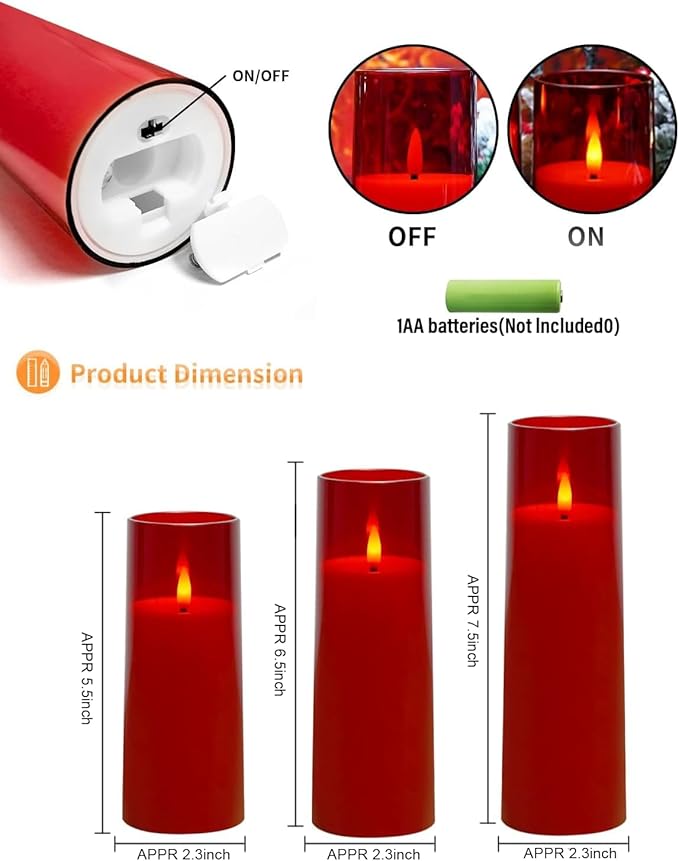 Flickering Flameless Candles Battery Operated with Remote and 2/4/6/8 H Timer Plexiglass Led Pillar Candles Pack of 9 (D2.3 xH5.5 6.5" 7.5") with Realistic 3D Wick Candles for Home Decor(Red)