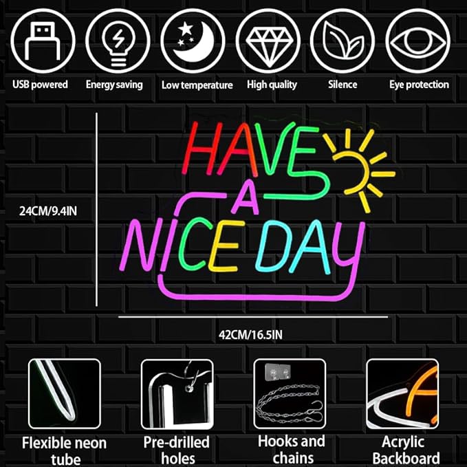 Happy A Nice Day Neon Sign for Wall Decor, Dimmable Colorful Letter Neon Lights, USB Powered Happy A Nice Day Led Light Up Sign for Bedroom, Room, Studio, and Office Wall Decor