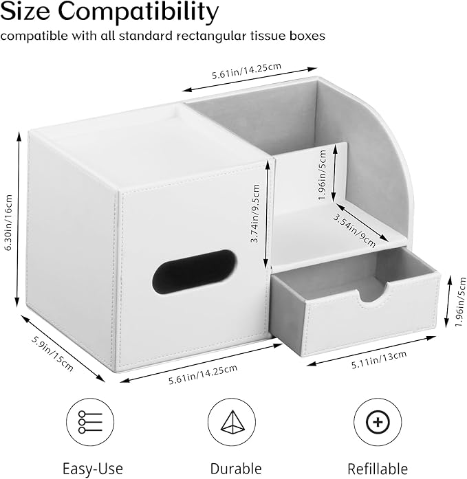Leather Nightstand Organizer with Tissue Holder,White Square Tissue Box Cover with Organizer, Decorative Modern Facial Paper Storage Box for Bathroom Living Room Vanity Table Countertop Office