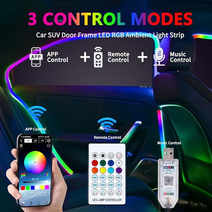 Car SUV Door Frame Ambient Light Lighting, Car Door Ambient Lights LED RGB, Automotive Auto Interior USB Neon Accent Lights Strip Accessories, App Remote Control Music Sync, Acrylic, 2 Pack*11.48ft