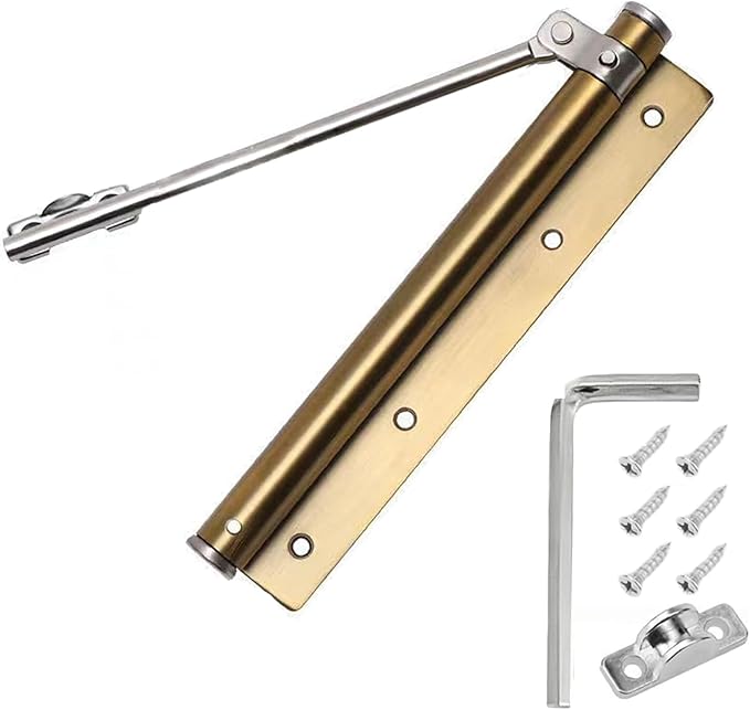 Automatic Door Self-Closing Hinge, Automatic Door Closer, Safety Spring Door Closer,Adjustable Catch Speed Closure,Top Latch Soft Close,Easy to Install,Stainless Steel with Force Arm,Screws and Wrench