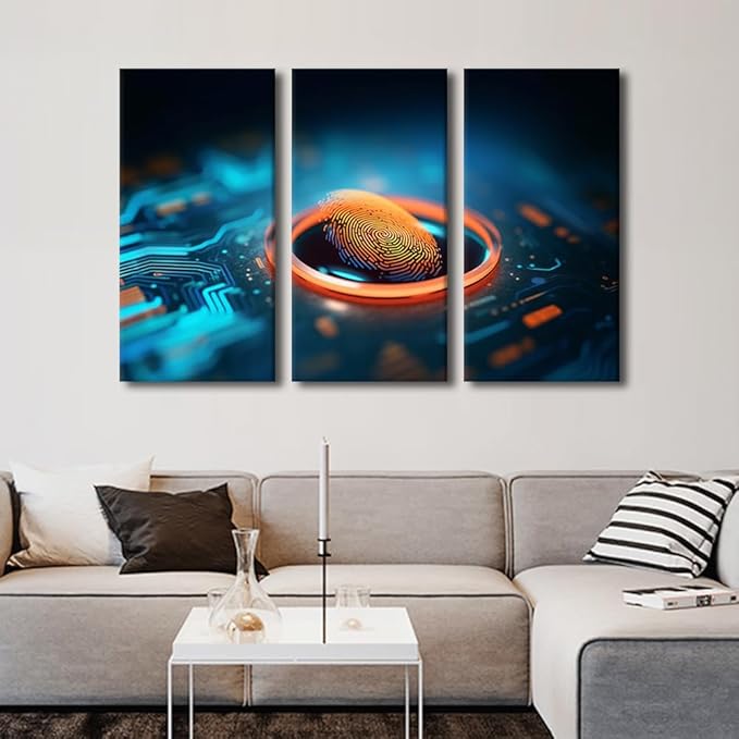 TUMOVO Modern Wall Art for Living Room 3 Panel Concept of Cybersecurity and Data Protection Canvas Prints Art for Home Decoration Wooden Framed Ready to Hang Posters and Prints, 42" Wx28 H