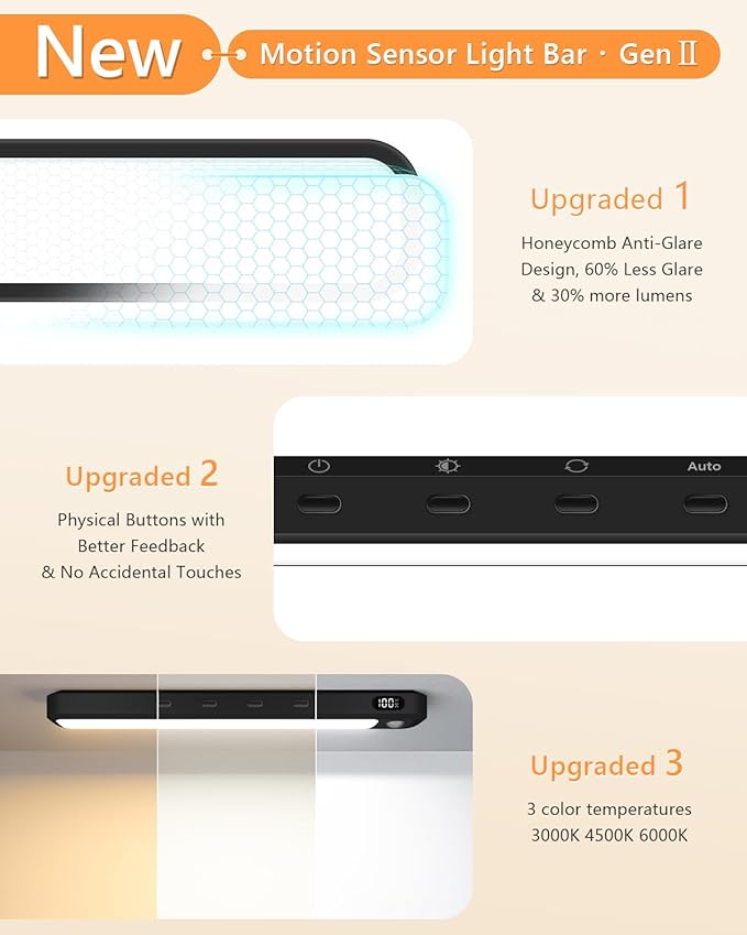 WILLED Under Cabinet & Closet Lights, Motion Sensor, Rechargeable, Magnetic, 3 Color Temps, Dimmable LED Light Bar for Indoor Kitchen Counter (4 Pack, Black)