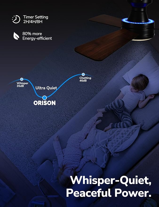 Orison Ceiling Fans with Lights 42 Inch, Low Profile Flush Mount Ceiling Fan, RGB Backlight & Dimmable Lighting, Remote & App Control, 6 Speeds, 3 Reversible Blades, Black/Wood