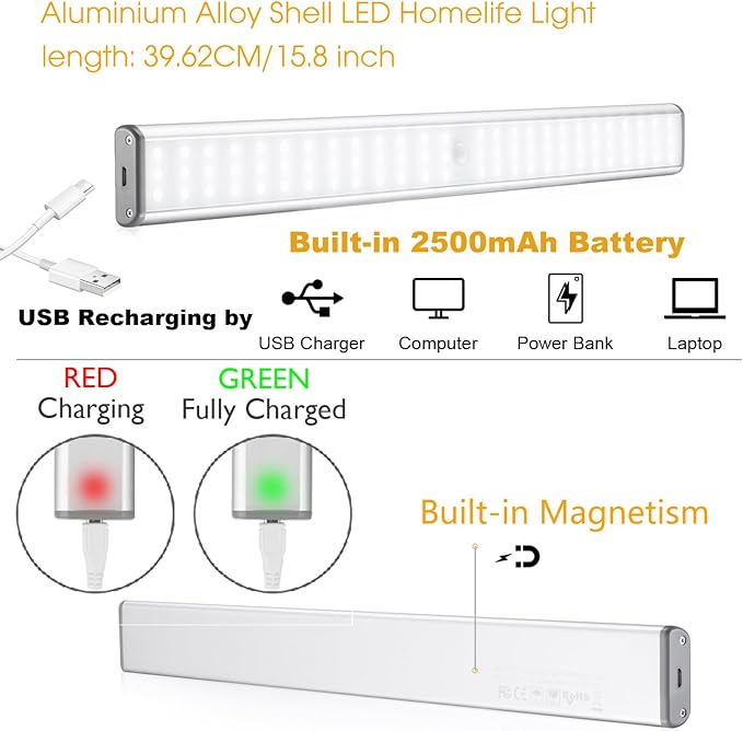 MOSTON Super Bright Rechargeable Closet Lights 78 LED Motion Sensor Night Lighting for Kitchen Cabinet,Under Counter.Built-in 2500mAh Battery Powered. Cordless Magnetic Lamp Stick on Anywhere