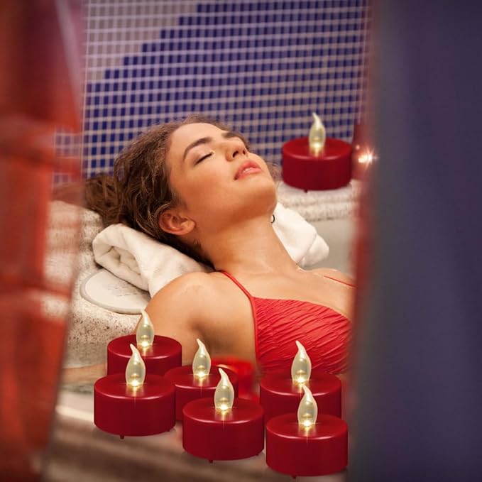 Flameless LED Tea Light Candles, Battery Operated Flickering Electric Fake Candles Bulk, 24 Pack Powered Votive Tealights Long Lasting 200H+ Bright Red Lamp for Seasonal & Festive Gift Decoration