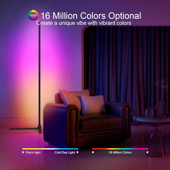Generic RGB Corner Floor Lamp, Smart WiFi App Control, DIY Mode, Music Sync, Timer Setting, LED Corner Lamp for Bedroom, Living Room, TV, Game Room - Right Angle Base