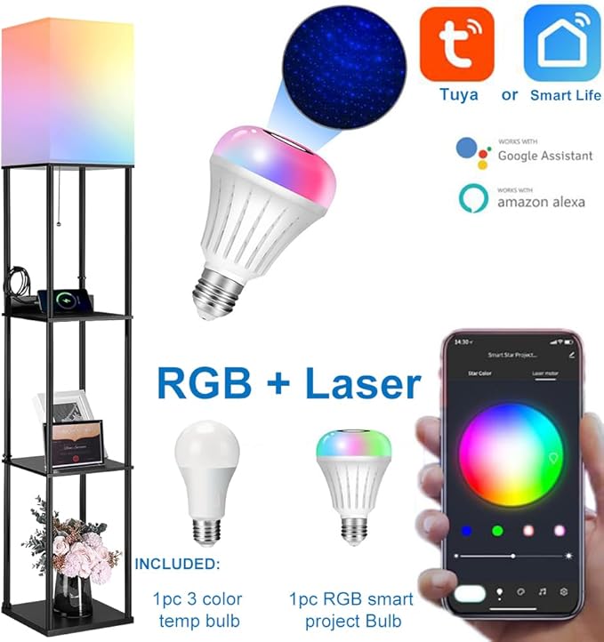 LED Floor Lamp w. Shelves & AC/USB Outlets Smart Light Bulb Galaxy Star Projector Color Changing & App/Voice Controlled Lights w. 3 Level Shelves for Bedroom Living Room Corner