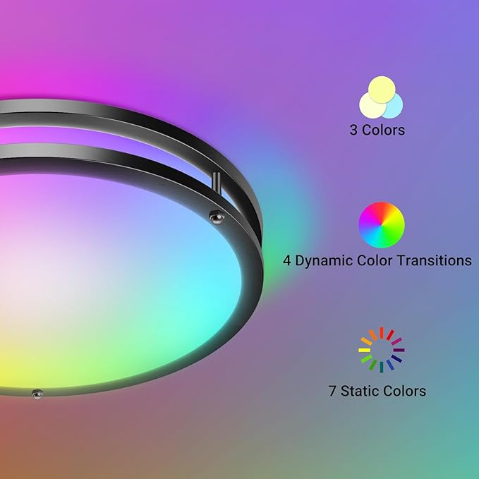 libtit 13 Inch RGB Flush Mount Ceiling Lights with Remote, 24W 3000K-6500K&Dimmable, LED Light Fixture with Nightlight and Timer for Bedroom Livingroom Bathroom-Black
