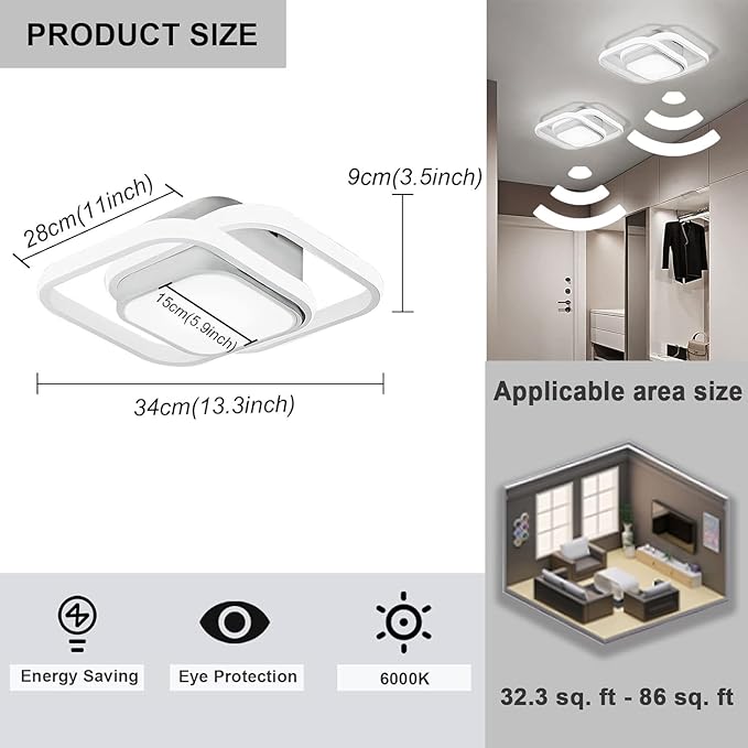 12.6Inch Motion Sensor LED Ceiling Light Indoor, 36W 6000K Mount Motion Activated Light Fixture Modern Flush Mount White Ceiling lamp for Closet Laundry Bathroom Hallway Stair Porch Basement.