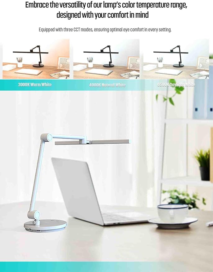 ArchDesk 18.9’ Desk Lamp: Dim, Warm~Cool White Adjustable, Anti-Glare, Sensor, 10W LED, Eye Protection, Foldable, Perfect for Painting, Design, Work, Study, Reading & Office (White)