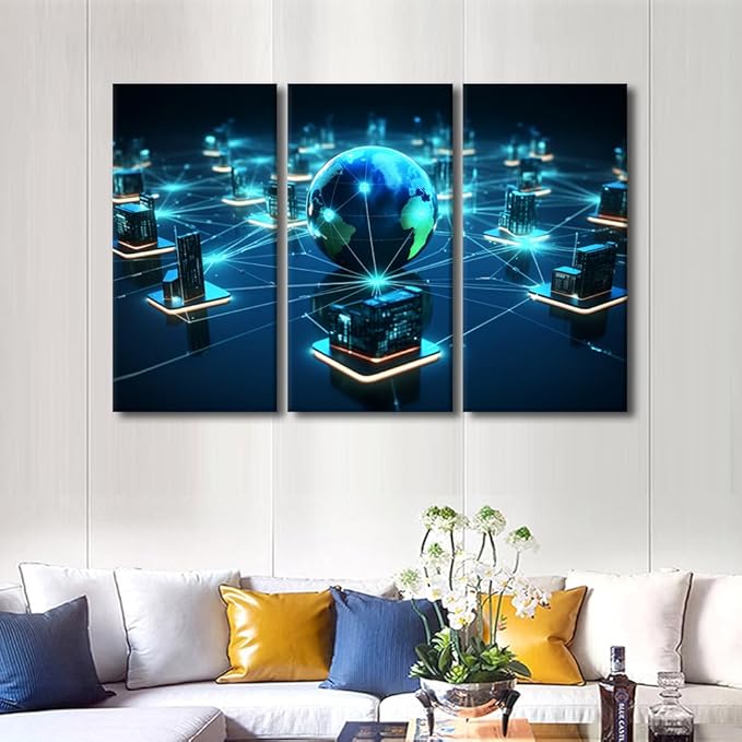 3 Panel Concepts Wall Art Centralized Network Architecture Pictures Print on Canvas for Home Hotel Office Wall Decorative, Wooden Framed Gallery-Wrapped Ready to Hang, 60" Wx40 H
