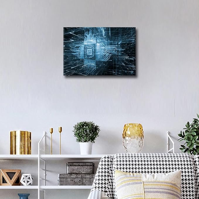 TUMOVO 1 Panel Canvas Prints Virtual Space Wall Art AI Modern Home Decor CPU Symbol Poster Digital Age Living Room Bedroom Decoration Artwork Painting Framed Ready to Hang, 18x12in