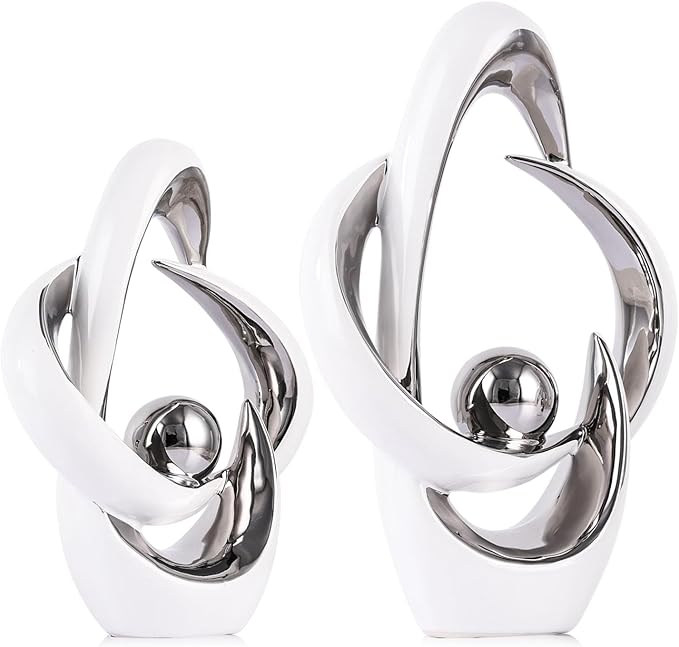 2PCS Home Decor Accent Ceramic Statue Abstract Sculptures Centerpieces Mid Century Modern Decor for Tables Coffee Table top Decorations for Living Room Desktop Shelf Dining Room Kitchen (White Silver)