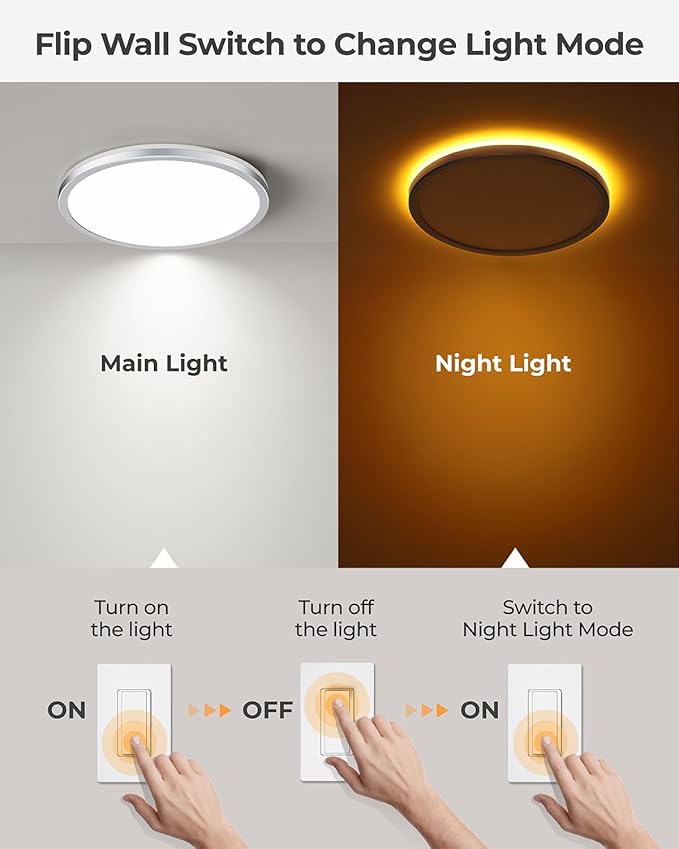 Matane 12 Inch LED Flush Mount Ceiling Light Fixture with Night Light, 24W 2400LM 3000K/4000K/5000K Selectable, Dimmable Ceiling Lights for Bedroom, Dining Room, Kitchen, Round Silver