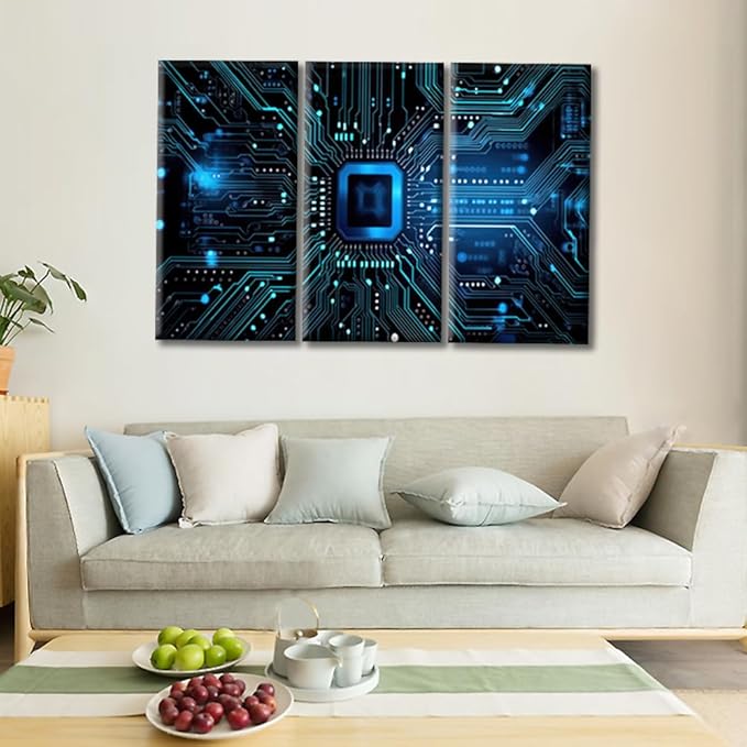 Artificial Intelligence Concept Wall Art Blue Circuit Board Pictures Bedroom Living Room 3 Piece Framed Modern Pictures Canvas Prints Artwork for Wall Decor Bathroom Office Decorations, (36"Wx24"H)