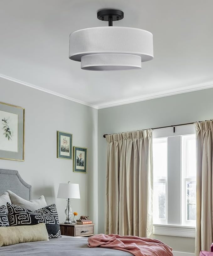 DAYCENT Black Drum Semi Flush Mount Ceiling Light Modern Farmhouse Dimmable LED Light Fixture Ceiling 30W 3000K/4500K/5500K Drum Shade Ceiling Light for Bedroom Hallway