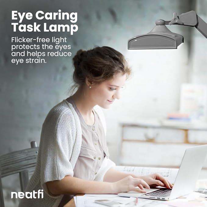Neatfi Ultra 3,500 Lumens LED Desk Lamp – 45W, 26” Wide Metal Shade, 270 SMD LEDs, Shadow-Free | Adjustable Brightness | Non-Flickering Task Light for Nail, Craft & Office (Non-CCT with Clamp, Silver)