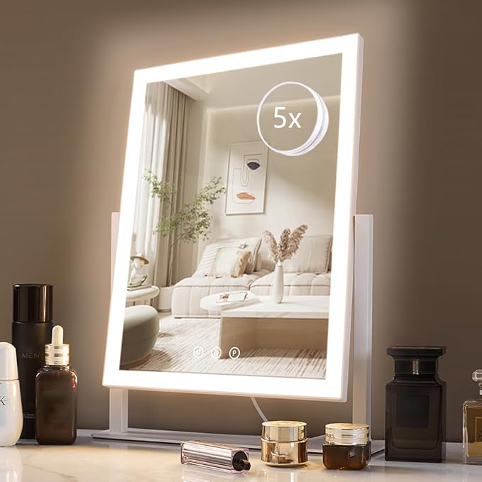 HIEEY Lighted Makeup Mirror, 17.3" x 13" Hollywood Vanity Mirror with Lights, Three Color Lighting Modes, and 5X Magnification Mirror, Smart Touch Control, 360°Rotation (White,Gift Box)