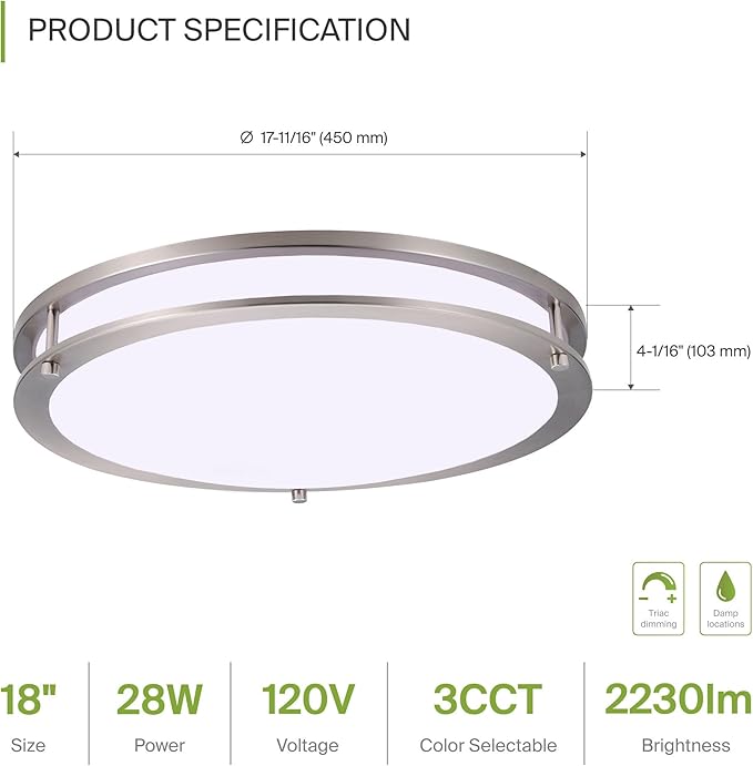 ASD LED 18" Round Flush Mount Lighting, Close to Ceiling Light Fixture | 3CCT, Dimmable, Energy Star, ETL Listed | 28W 2230LM 3000-5000K 120V | Low Profile Double Ring Lamp | Nickel, 2 Pack