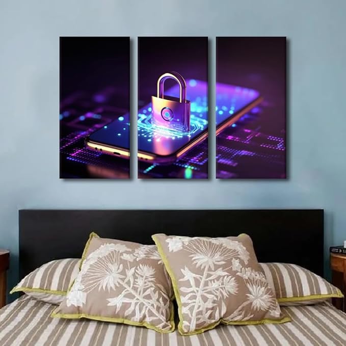TUMOVO Contemporary Wall Decor 3 Panels Modern Wall Art Cyber Security and Data Protection Concept Pictures Print on Canvas for Home Wall Decorations Gallery-Wrapped Ready to Hang, 42" Wx28 H