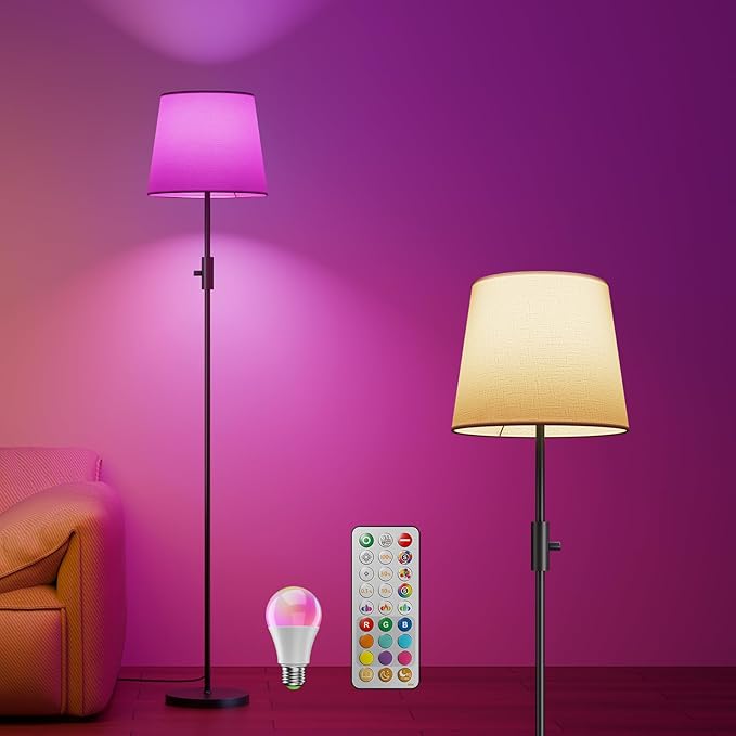 Dimmable Floor Lamp, 1200 Lumens RGBCW Color Change Bulb Included, Standing Lamp with Linen Shade, 62" Tall Lamp with Remote for Living Room, Bedroom, Office, Dining Room, Kitchen, Black