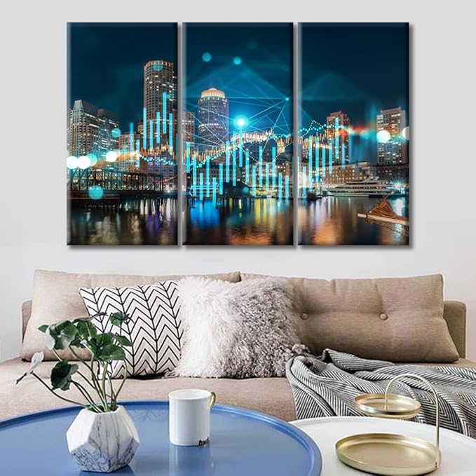 TUMOVO Wall Decor Living Room 3 Piece Forex Financial Graph and Chart Hologram Paintings Rustic Home Decor Posters and Prints Stretched and Framed Ready to Hang (36" Wx24 H)