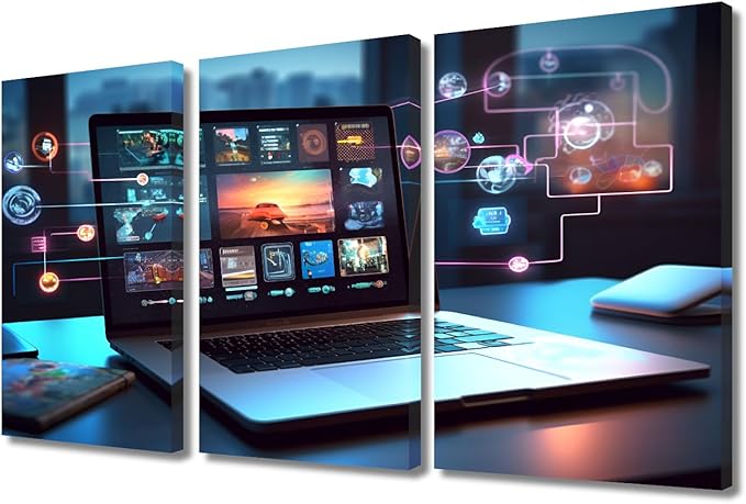 3 Panels Canvas Print Art Digital Collaboration Tools Pictures Poster for Living Room Wall Decoration, Concepts Artwork Stretched Framed Gallery-Wrapped Ready to Hang, 36" Wx24 H