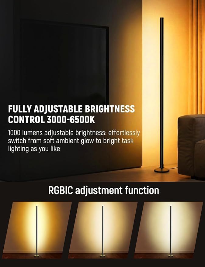 Corner Floor Lamp Smart RGB LED Corner Lamp with Music Sync, App and Remote Control Color Changing Ambience Light, Timing for Living Room, Bedroom, Gaming Room