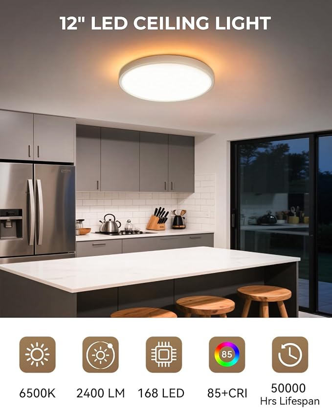 Dimmable Flush Mount LED Ceiling Light Fixture with Night Light, 12 Inch 24W Super Slim Ceiling Lamp with Remote, 2400LM Super Bright, 2700K-6500K CCT Selectable, for Bedroom Living Room Kitchen
