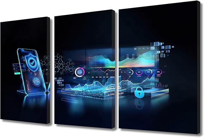 Framed Wall Art 3 Panel Canvas Wall Decor Cybersecurity Fingerprint and Secure Online Connection of Professional Trading Pictures Print On Canvas for Living Room Decoration, 36" Wx24 H